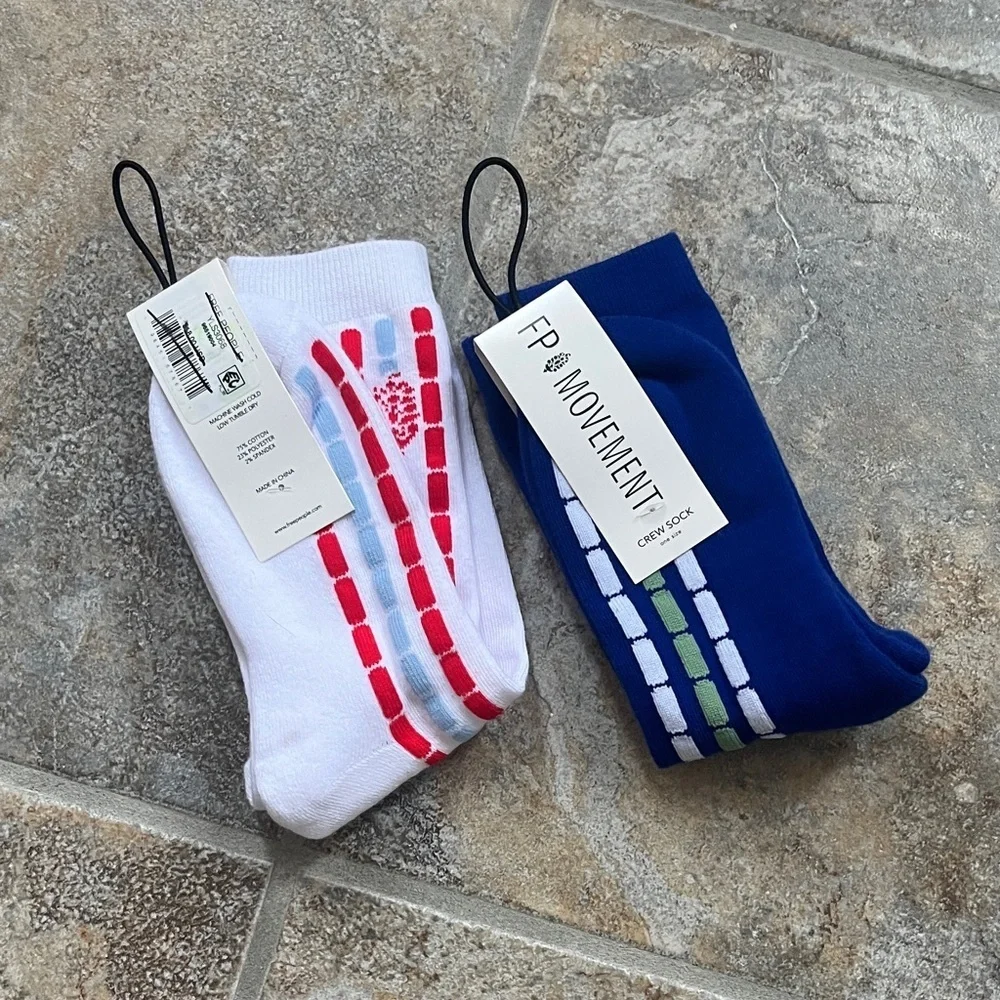Free People Fast Lane Crew Socks, Bundle of 2 Pairs, White and Blue NWT
